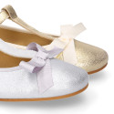 T-strap little Mary Jane shoes with buckle fastening in metal finish suede leather.