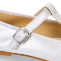 T-strap little Mary Jane shoes with buckle fastening in metal finish suede leather.