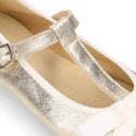 T-strap little Mary Jane shoes with buckle fastening in metal finish suede leather.