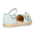 Linen canvas girl espadrille shoes for ceremony with lace and flower design.