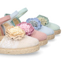 Linen canvas girl espadrille shoes for ceremony with lace and flower design.