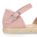 Linen canvas girl espadrille shoes for ceremony with lace and flower design.