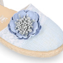 Linen canvas girl espadrille shoes for ceremony with lace and flower design.