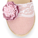 Linen canvas girl espadrille shoes for ceremony with lace and flower design.