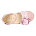 Linen canvas girl espadrille shoes for ceremony with lace and flower design.