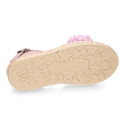 Linen canvas girl espadrille shoes for ceremony with lace and flower design.