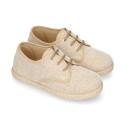 Linen kids laces up shoes espadrille style in sand color.