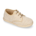 Linen kids laces up shoes espadrille style in sand color.