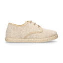 Linen kids laces up shoes espadrille style in sand color.