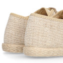 Linen kids laces up shoes espadrille style in sand color.