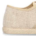 Linen kids laces up shoes espadrille style in sand color.