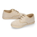 Linen kids laces up shoes espadrille style in sand color.