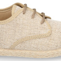 Linen kids laces up shoes espadrille style in sand color.