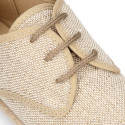 Linen kids laces up shoes espadrille style in sand color.