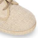 Linen kids laces up shoes espadrille style in sand color.