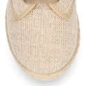 Linen kids laces up shoes espadrille style in sand color.