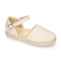 Structured linen canvas girl espadrille shoes with buckle fastening in beige color.