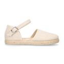 Structured linen canvas girl espadrille shoes with buckle fastening in beige color.