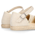 Structured linen canvas girl espadrille shoes with buckle fastening in beige color.