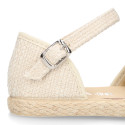 Structured linen canvas girl espadrille shoes with buckle fastening in beige color.