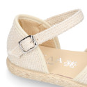Structured linen canvas girl espadrille shoes with buckle fastening in beige color.