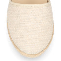 Structured linen canvas girl espadrille shoes with buckle fastening in beige color.