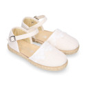 Linen canvas girl espadrille shoes for ceremonies with lace design.