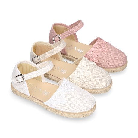 Linen canvas girl espadrille shoes for ceremonies with lace design.