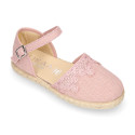 Linen canvas girl espadrille shoes for ceremonies with lace design.