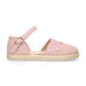 Linen canvas girl espadrille shoes for ceremonies with lace design.