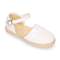 Linen canvas girl espadrille shoes for ceremonies with lace design.