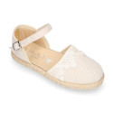 Linen canvas girl espadrille shoes for ceremonies with lace design.