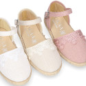 Linen canvas girl espadrille shoes for ceremonies with lace design.