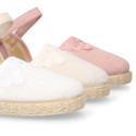 Linen canvas girl espadrille shoes for ceremonies with lace design.