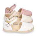 Linen canvas girl espadrille shoes for ceremonies with lace design.