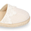 Linen canvas girl espadrille shoes for ceremonies with lace design.