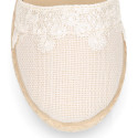 Linen canvas girl espadrille shoes for ceremonies with lace design.