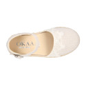 Linen canvas girl espadrille shoes for ceremonies with lace design.