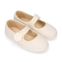 Ceremonies Girl Mary Jane shoes with hook and loop strap and flowers in linen.