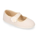 Ceremonies Girl Mary Jane shoes with hook and loop strap and flowers in linen.