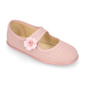 Ceremonies Girl Mary Jane shoes with hook and loop strap and flowers in linen.