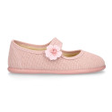 Ceremonies Girl Mary Jane shoes with hook and loop strap and flowers in linen.