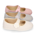 Ceremonies Girl Mary Jane shoes with hook and loop strap and flowers in linen.