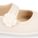 Ceremonies Girl Mary Jane shoes with hook and loop strap and flowers in linen.