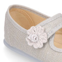 Ceremonies Girl Mary Jane shoes with hook and loop strap and flowers in linen.