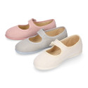 Ceremonies Girl Mary Jane shoes with hook and loop strap and flowers in linen.