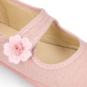 Ceremonies Girl Mary Jane shoes with hook and loop strap and flowers in linen.