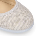 Ceremonies Girl Mary Jane shoes with hook and loop strap and flowers in linen.