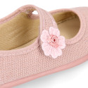 Ceremonies Girl Mary Jane shoes with hook and loop strap and flowers in linen.