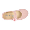 Ceremonies Girl Mary Jane shoes with hook and loop strap and flowers in linen.